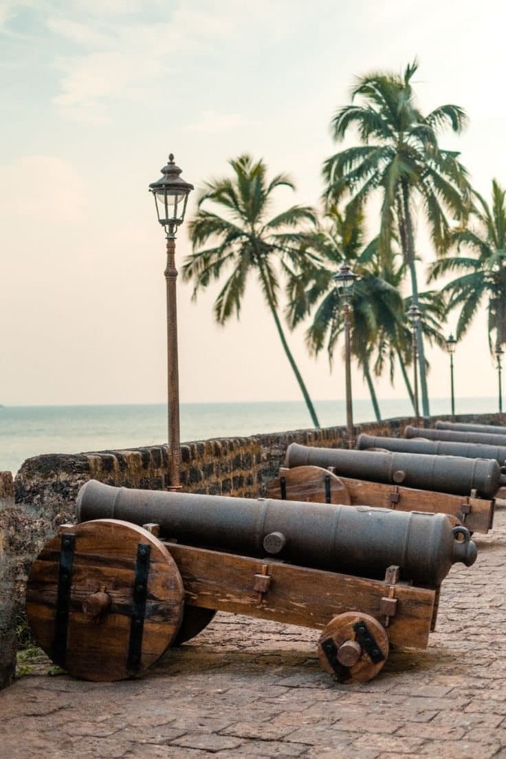 Portuguese cannons on a fort rampart, palms beyond